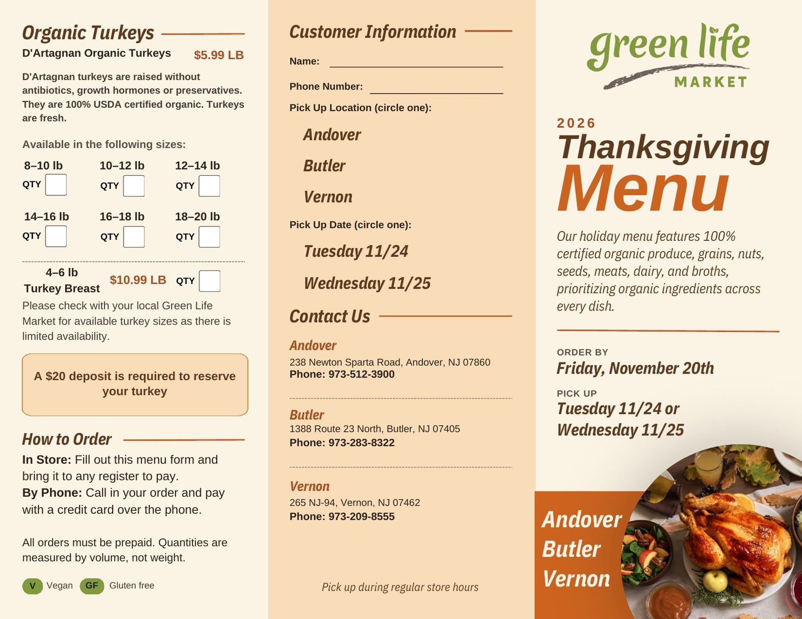 Green Life Market 2026 Thanksgiving Menu: organic turkeys, how to order, customer information form and store contacts